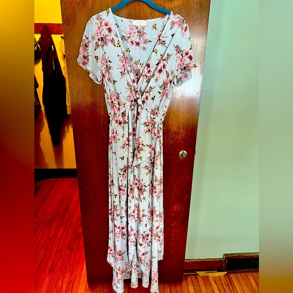 Light purple floral dress with flutter sleeves